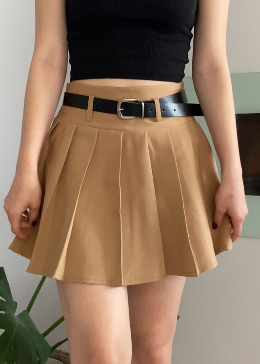 Latte Brown Pleated Mini Skort with Belt for Women, High Waist Lined Skirt Shorts, Soft Neutral Slim Fit for Casual, Chic, or Everyday Looks