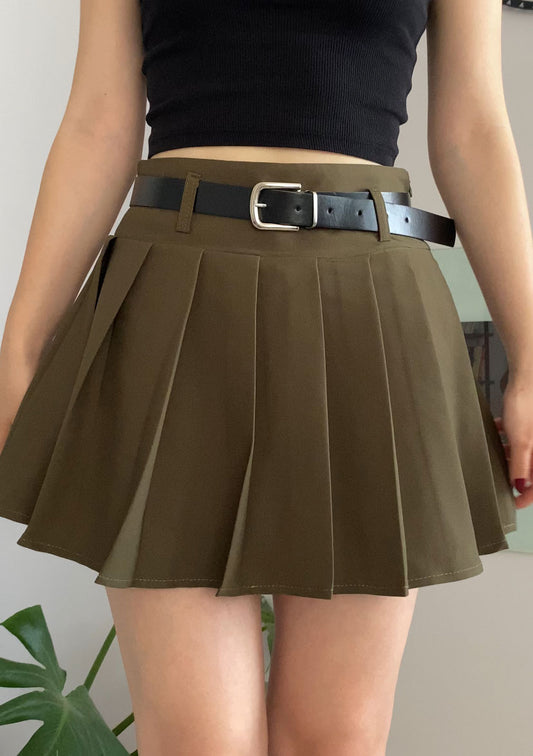 Olive Green Pleated Mini Skort with Belt for Women, High Waist Lined Skirt Shorts, Soft Utility Slim Fit for Everyday, Casual or Street Style