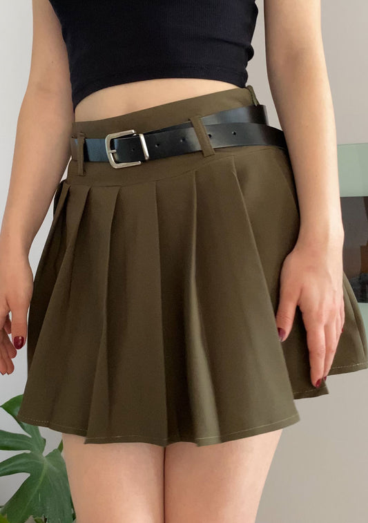 Olive Green Pleated Mini Skort with Belt for Women, High Waist Lined Skirt Shorts, Soft Utility Slim Fit for Everyday, Casual or Street Style