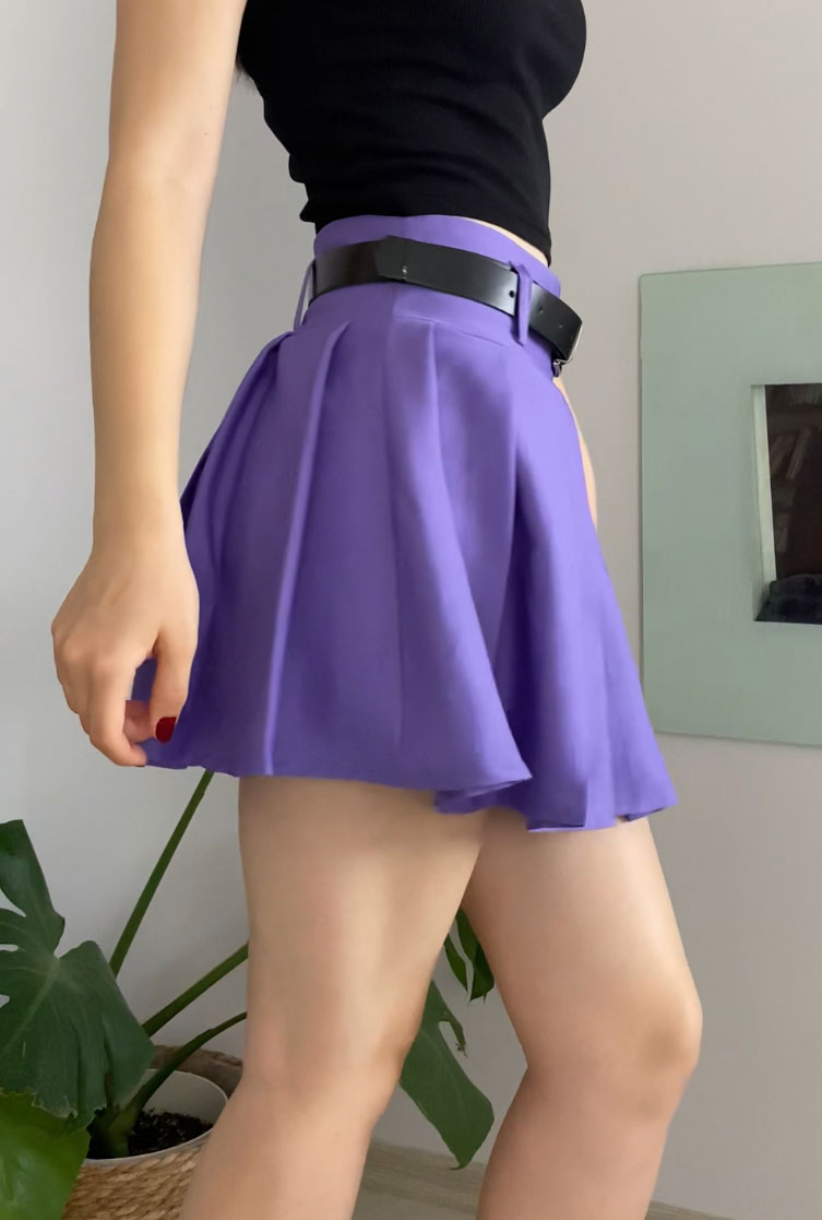 Purple Pleated Mini Skort with Belt for Women, High Waist Lined Skirt Shorts, Vibrant Slim Fit Statement Piece for Festivals or Streetwear