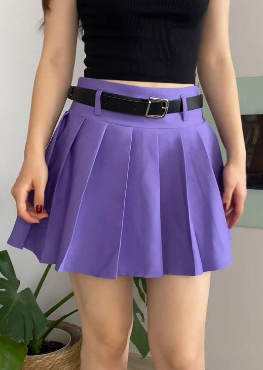 Purple Pleated Mini Skort with Belt for Women, High Waist Lined Skirt Shorts, Vibrant Slim Fit Statement Piece for Festivals or Streetwear