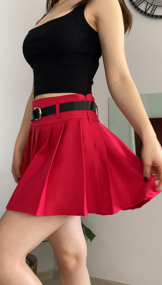 Red Pleated Mini Skort with Belt for Women, High Waist Lined Skirt Shorts, Bold Slim Fit Design for Parties, Streetwear, or Statement Looks