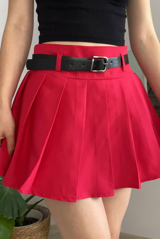 Red Pleated Mini Skort with Belt for Women, High Waist Lined Skirt Shorts, Bold Slim Fit Design for Parties, Streetwear, or Statement Looks