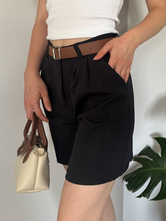 Black Cotton High Waist Shorts with Belt, Relaxed Fit Everyday Bottoms with Pockets, Minimalist Muslin Palazzo Shorts for Summer Style