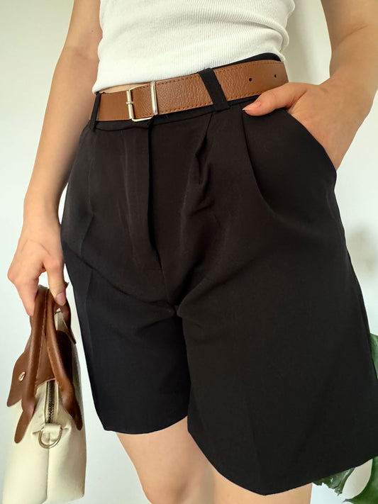 Black Cotton High Waist Shorts with Belt, Relaxed Fit Everyday Bottoms with Pockets, Minimalist Muslin Palazzo Shorts for Summer Style