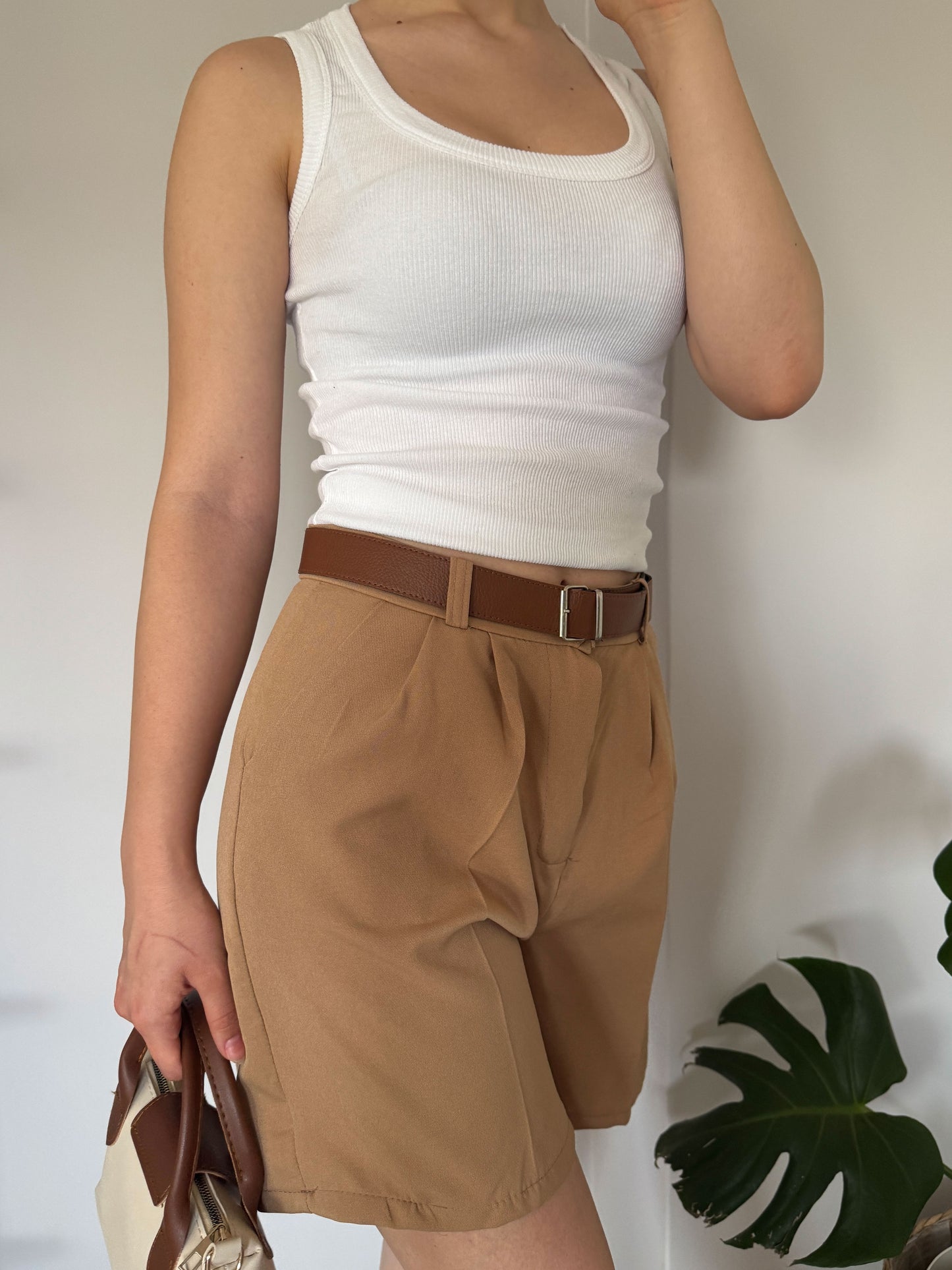 Brown Cotton High Waist Belted Shorts, Relaxed Fit Muslin Palazzo Bottoms with Pockets, Chic and Breathable Summer Staple for Women