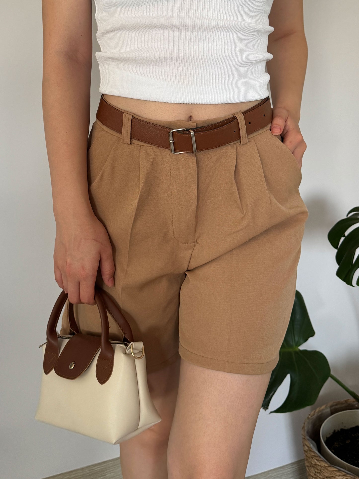 Brown Cotton High Waist Belted Shorts, Relaxed Fit Muslin Palazzo Bottoms with Pockets, Chic and Breathable Summer Staple for Women