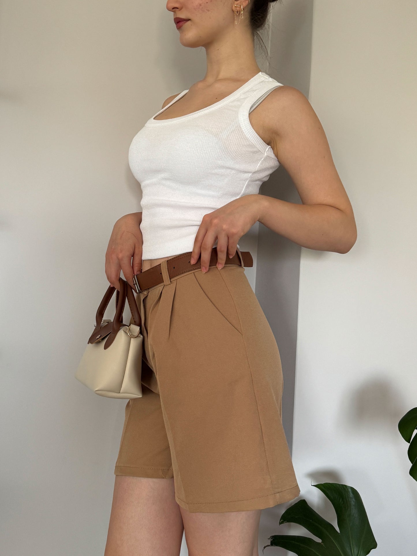 Brown Cotton High Waist Belted Shorts, Relaxed Fit Muslin Palazzo Bottoms with Pockets, Chic and Breathable Summer Staple for Women