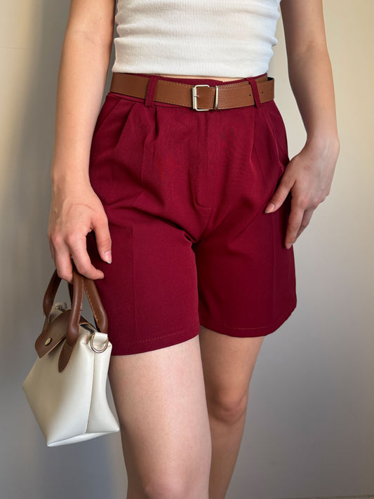 Bordeaux High Waist Cotton Shorts for Women with Belt and Pockets, Relaxed Fit Summer Bottoms, Elegant Everyday Style, Gift Ready