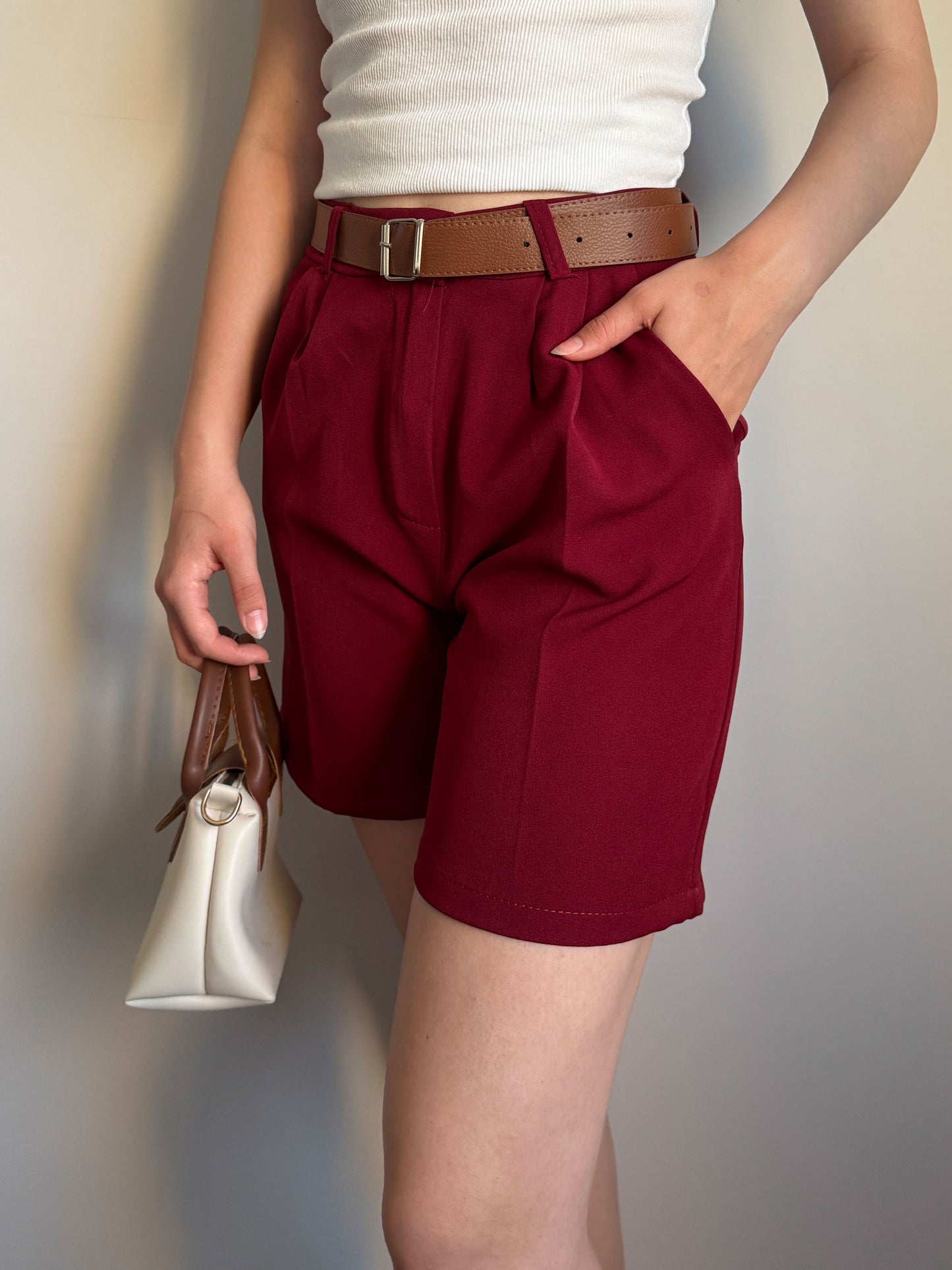 Bordeaux High Waist Cotton Shorts for Women with Belt and Pockets, Relaxed Fit Summer Bottoms, Elegant Everyday Style, Gift Ready