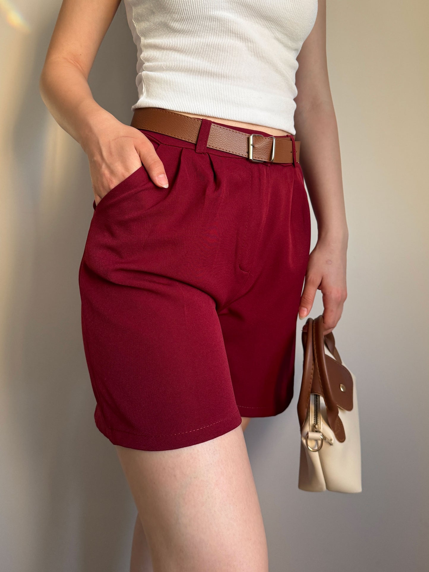 Bordeaux High Waist Cotton Shorts for Women with Belt and Pockets, Relaxed Fit Summer Bottoms, Elegant Everyday Style, Gift Ready