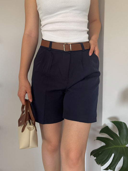 Navy Blue Women’s High Waist Shorts with Belt and Pockets, Tailored Fit Summer Shorts, Breathable Cotton Blend, Smart Casual Staple