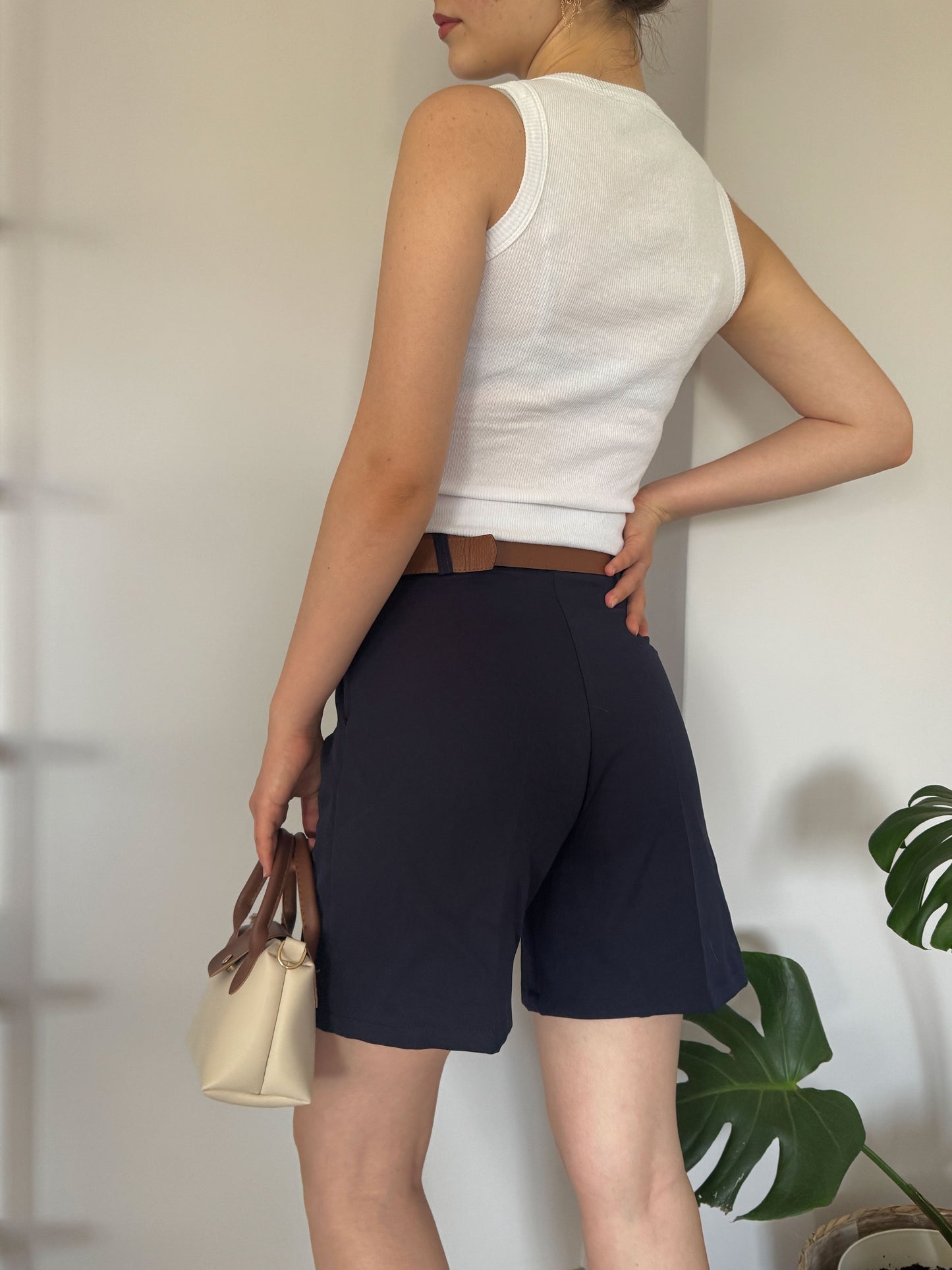 Navy Blue Women’s High Waist Shorts with Belt and Pockets, Tailored Fit Summer Shorts, Breathable Cotton Blend, Smart Casual Staple