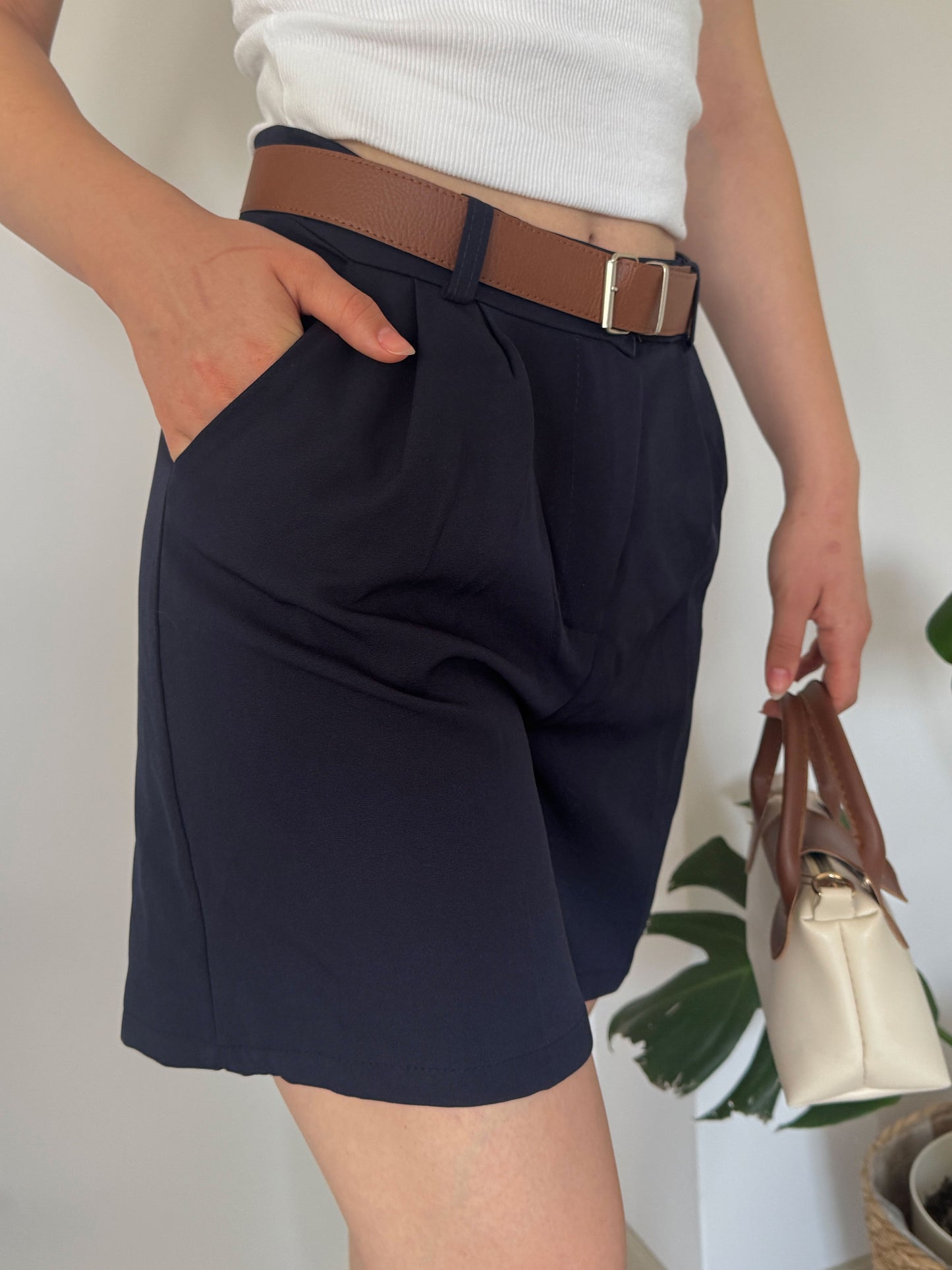 Navy Blue Women’s High Waist Shorts with Belt and Pockets, Tailored Fit Summer Shorts, Breathable Cotton Blend, Smart Casual Staple
